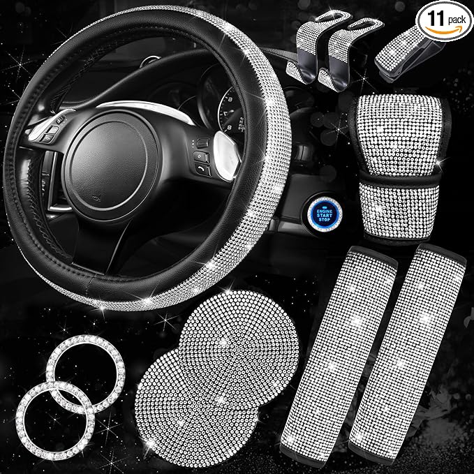 11 PCS Bling Diamond Car Accessories for Women, Sparkly Rhinestone Steering Wheel Cover, Bling Seat Belt Cushion, Glitter Shift Knob Cover, Car Cup Holder Coaster, Cute Interior Sets Silver
