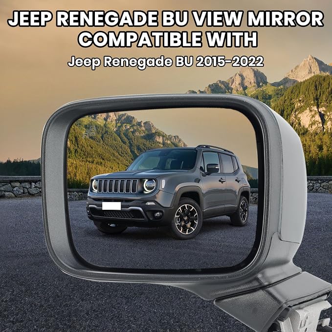 Driver Side Mirror Compatible with Jeep Renegade 2015-2023 Power Glass Heated with Turn Signal Indicator Blind Spot Detection Manual Folding Bright Black Left Door Mirrors (7＋1 Pins)