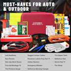 15PC Car Emergency Kit with Jumper Cables, Roadside Assistance Safety Kit for Auto & Truck, Includes Safety Hammers, Tow Strap, Warning Triangle, First Aid, Gifts for Young Men or Women,Red