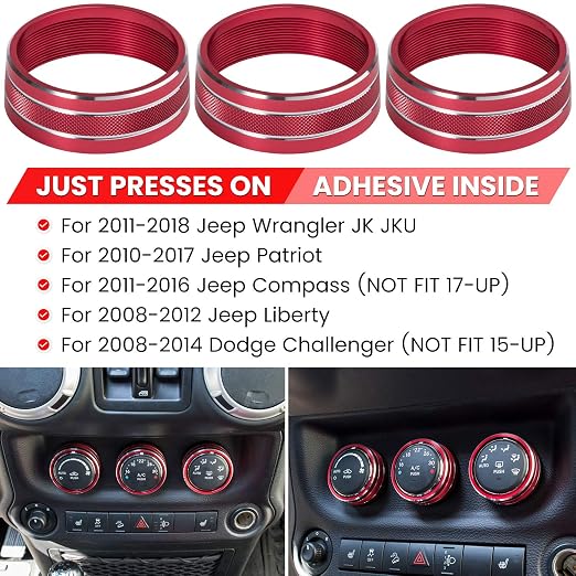 Audio Air Conditioning Button Cover Decoration Twist Switch Ring Trim for Jeep Wrangler JK JKU Patriot 2011-2018, Compass 11-16, Liberty 08-12, Dodge Challenger 08-14 Interior Accessories (Red 3PCS)