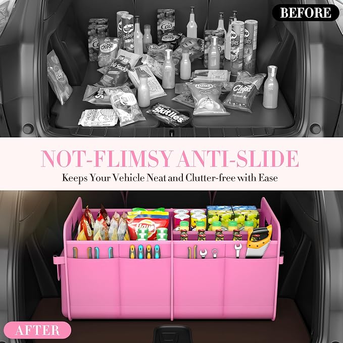 Trunk Organizer For Suv & Sedan,Car Organizers and Storage, Waterproof Collapsible & Adjustable Straps,70L Sturdy Car Organization for Car Accessories, Tools,Sundries,2-3 Compartment（Pink