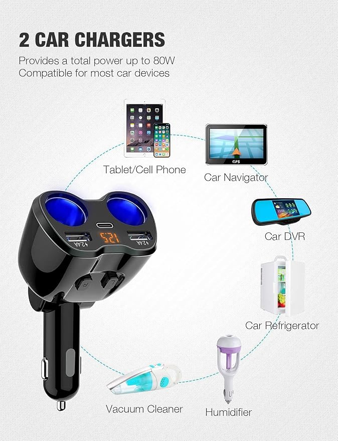 Otium USB C Car Charger, 2 Sockets Cigarette Lighter Splitter 12/24V 80W Dual USB Type-C Ports Separate Switch LED Voltage Display Built-in Replaceable 10A Fuse Compatible Mobile Phone GPS Dash Cam