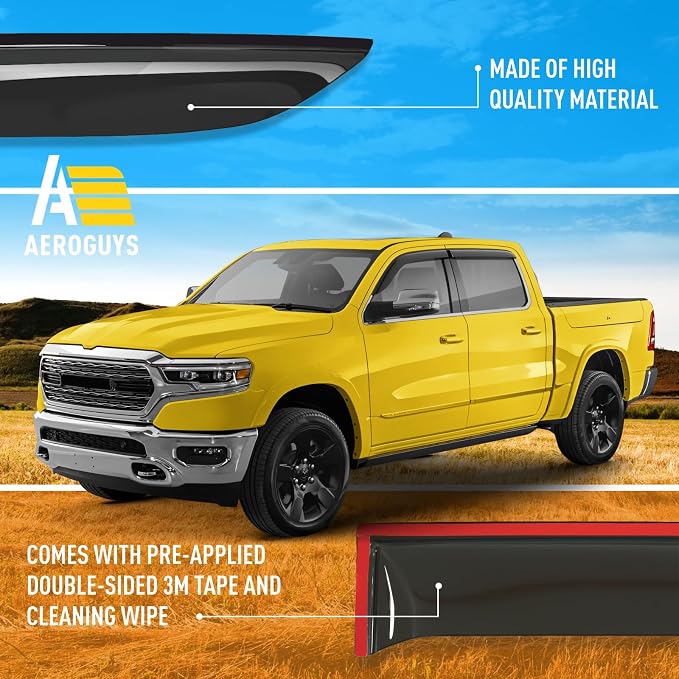 Extra Durable Window Deflectors Tape-On Window Visors Rain Guards Fit for Dodge Ram 1500 (New Body Style) 2019-2026 Crew Cab, Sun Visors, Wind Vent for Shades, Exterior Car Accessories - 4pcs. AG0717
