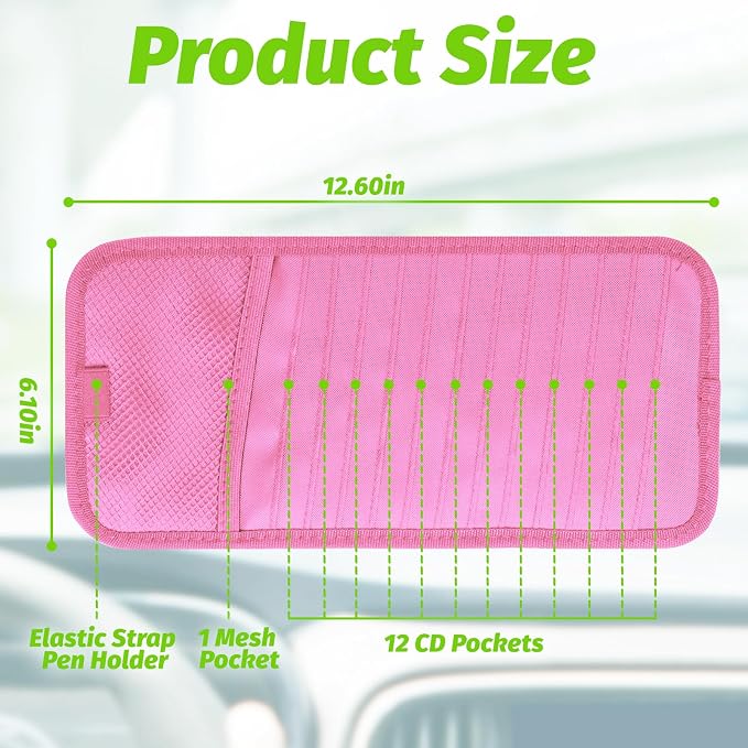 Car CD & DVD Holder - Large Capacity CD Visor Case, Vehicle Visor Storage Organizer with 12 Disc Sleeves, 1 Mesh Pocket 1 Pen Holder and & Elastic Band (Pink)