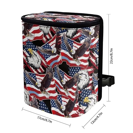 American Flag Eagle Print Car Trash Can with Lid, 4th of July Leak Proof Auto Trash Bag Hanging Vehicle Garbage Can Multipurpose Storage Container for Back Seat Road Trip