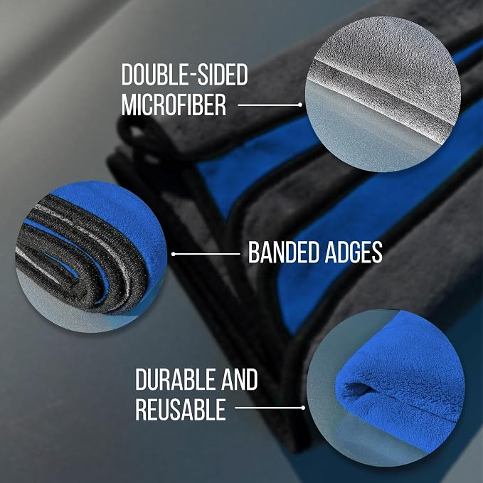 Extra Large Car Drying Towel 40"x24", 800 GSM Car Towel (Blue) | XL Professional Super Absorbent Drying Towels Car Detailing, Premium Microfiber Drying Towels for Cars, Double-Sided