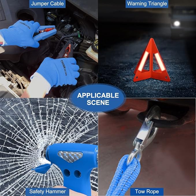 Car Emergency Kit for Teen Boy and Men's Gifts, Blue Emergency Roadside Assistance kit with 10FT Jumper, First Aid Kit, Safety Hammer, Tow Rope, and More Ideal Blue Car Accessories Tool