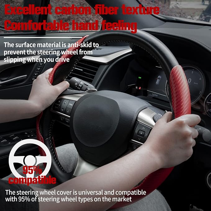 2pcs Carbon Fiber Anti-Skid Steering Wheel Cover, Waterproof & Segmented Butterfly Design, Universal 99% Vehicle Wheel Cover Protector, Car Interior Accessories (Red-2pcs)