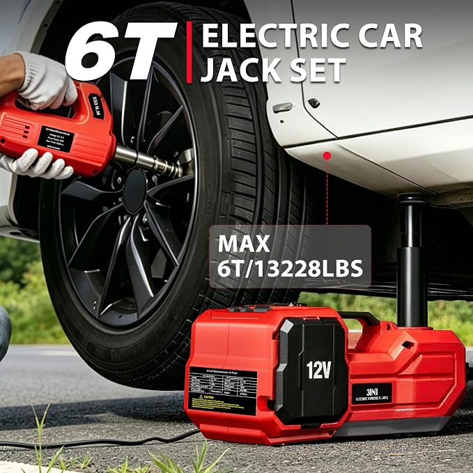6T Electric Car Jack, 12V Portable Hydraulic Jack with Built-in Inflatable Pump, 550N·m Impact Wrench & LED Light, Lifting Height 6.1-17.7 Inch for SUV/Sedan/Truck/MPV Tire Change & Garage Repair