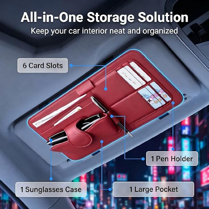 Car Sun Visor Organizer, Multi-Pocket Visor Storage Pouch for Sunglasses, Cards, Pens, Document, Waterproof Leather Auto Interior Organization Accessories, Universal for Most Cars (Red)