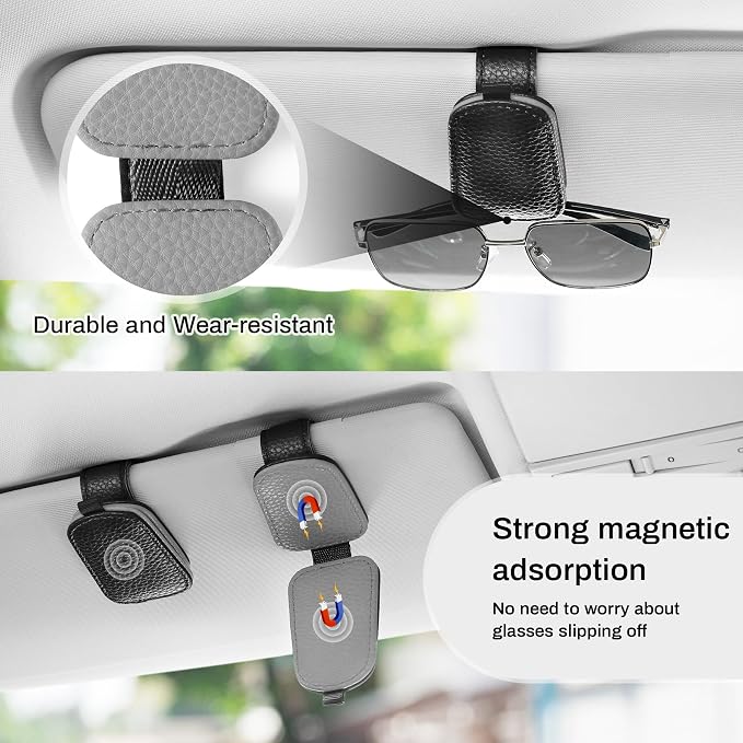 Sunglasses Holder for Car, Leather Magnetic Buckle Sun Visor Sunglass Clip, Ticket Card Storage Glasses Clip, Car Interior Accessories for Men and Women（2PCS Black-Gray）