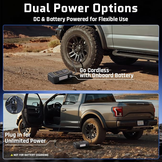 Powerful 12000mAh Heavy Duty Tire Inflator Portable Air Compressor, 7X Faster, 150PSI Dual Power 12V&Cordless Air Pump for Car Tires, Pickup Trucks, Jeeps, SUVs & RVs. Digital Pressure Gauge
