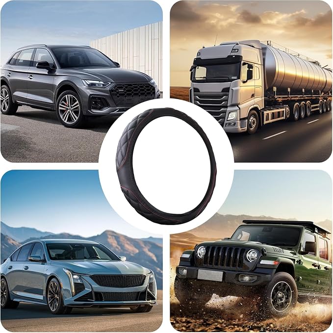 15 Inch Car Leather Steering Wheel Cover, Automotive Accessories Elastic Breathable Anti-Slip Soft Wheel Protector Fits Men and Women, Suitable for SUVs, Trucks, Vehicles and RVs (Black-1)