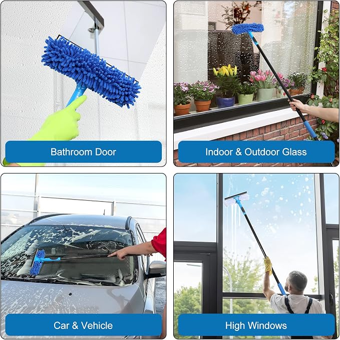 Professional 69'' Window Squeegee Cleaner Tool with Extension Pole, 2-in-1 Squeegee for Window Cleaning Kit with Scrubber and Rotating Head, 1 Blade 2 Scrubber