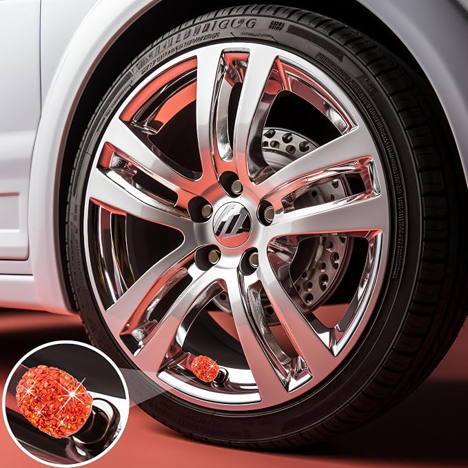 4PCS Bling Crystal Diamond Tire Stem Valve Caps, Dustproof Car Wheel Tire Valve Caps Universal Tire Valve Stem Covers for Cars, SUV, Trucks, Bikes, Motorcycles, Bicycles (Orange)
