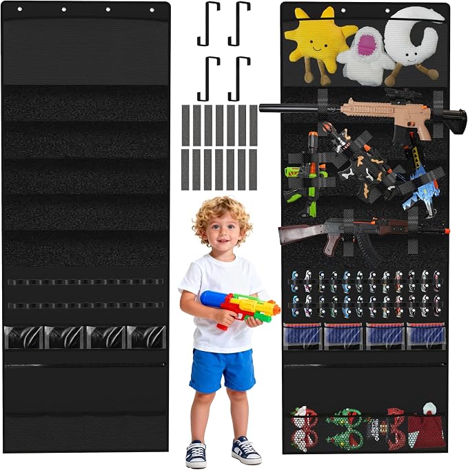 Over the Door Organizer for Toy Storage, 68.9"x25.6" Door Hanging with Hooks Slots Pockets and Felt Display Cabinet for Toy Guns, Toy Cars, Stuffed Animal, Home Living Space Saving Storage (Black)