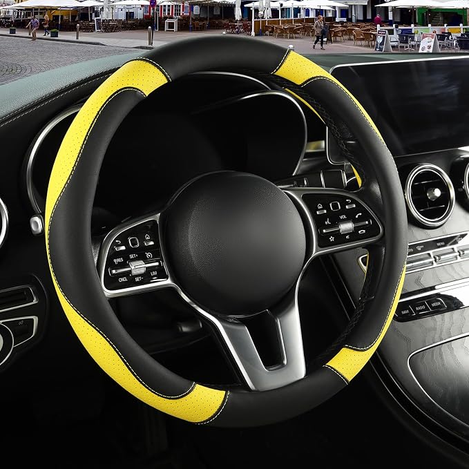 Black Yellow Microfiber Leather Steering Wheel Cover 14 inch | Breathable Anti Slip Grip Cool Sporty Look Glow for Women Men