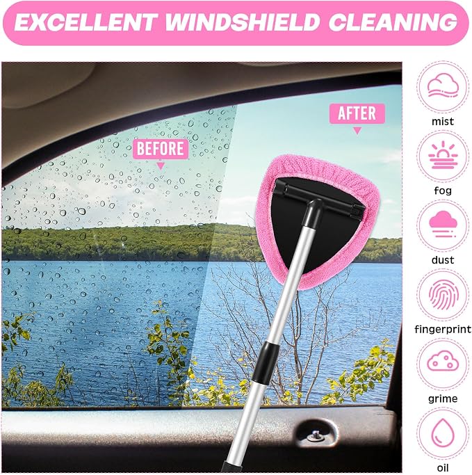 10 Pcs Windshield Cleaner Tool Car Window Cleaning Supplies with Extendable Handle Include 6 Washable Microfiber Bonnets 2 Empty 60ml Spray Bottle Glass Wiper Kit(Pink)
