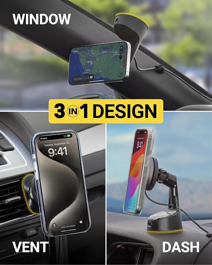 Qi2 Wireless MagSafe Car Mount Charger, 15W Magnetic Suction Cup Windshield/Dashboard Cell Phone Holder with Vent Clip & Fast USB-C Car Charger Compatible with Apple iPhone 16/15/14/13/12, S25
