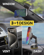 Qi2 Wireless MagSafe Car Mount Charger, 15W Magnetic Suction Cup Windshield/Dashboard Cell Phone Holder with Vent Clip & Fast USB-C Car Charger Compatible with Apple iPhone 16/15/14/13/12, S25