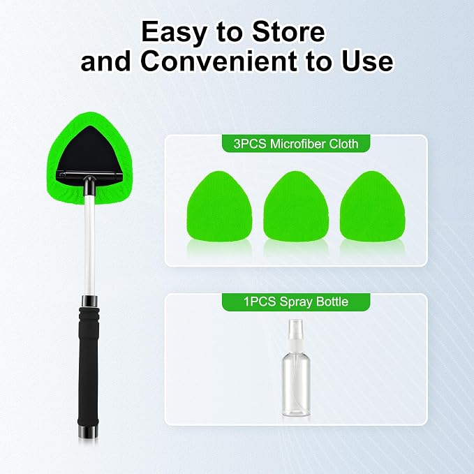 Windshield Cleaner Tool, Car Interior and Exterior Window Cleaning Kit with Extendable Handle & 4 Reusable Microfiber Pads, Auto Glass Wiper Brush Kit for Car & Home Windows (Green)