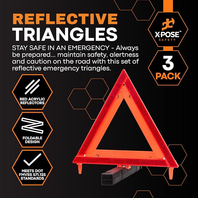 Reflective Emergency Triangles – 1 Kit (3 Triangles) – DOT Approved Roadside Car Safety Warning Reflectors – Red & Orange Automotive Vehicle Hazard Visibility Markers