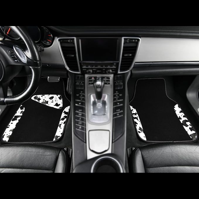 Waterproof Universal 3Pcs Car Floor Mats, Cow Print Car Mats Fit for SUV,Vans,sedans, Trucks,Set of Vehicles Car Carpet with Driver Heel Pad and Nibs Backing, Cute Women Girly (Black White)