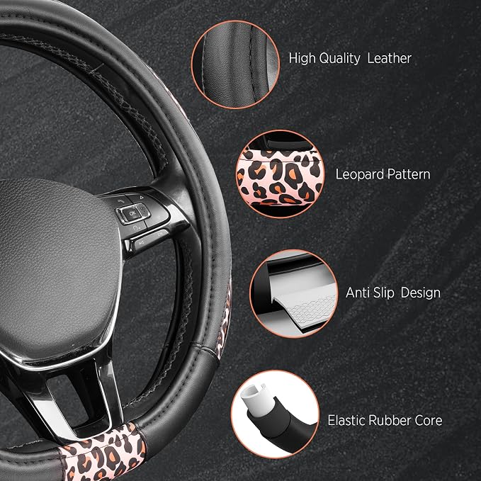 Steering Wheel Cover - Flat Bottom Wheel Cover Made with PVC Leather and Pink Leopard Fabric - Universal Fit for 15-Inch D-Shaped Automotive Steering Wheels (Pink Leopard)