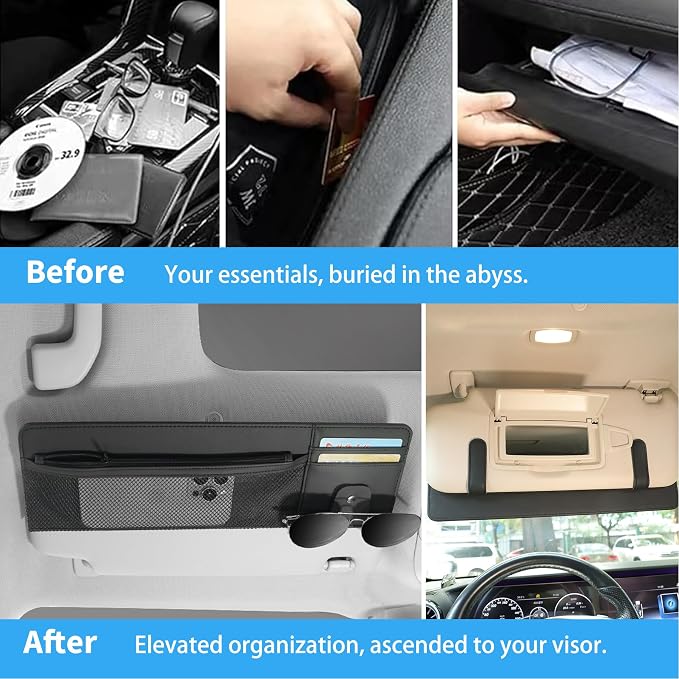 2 Packs Car Sun Visor Organizer with Pocket, Slim Leather Sun Visor Storage Pouch with Zipper, Mesh Pocket, Card Sleeves, Visor Sunglasses Holder for Cars, SUVs, Trucks, Sedan Universal Fit (Black)