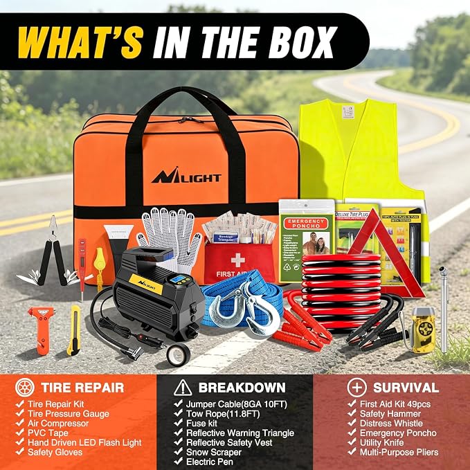 Car Emergency Kit with Jumper Cable, First Aid Kit Safety Assistance Tools for Travel Camping Outdoor Cars Truck SUV RV, Roadside Essentials with Flash Light