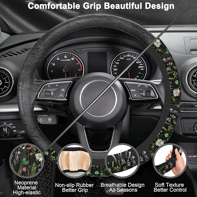 Floral Steering Wheel Cover with 2 Car Coasters,Watercolor Wildflower Anti-Slip Steering Wheel Cover,Elastic Breathable Car Interior Accessories,Universal 14.5"-15" Fit Auto,SUVs