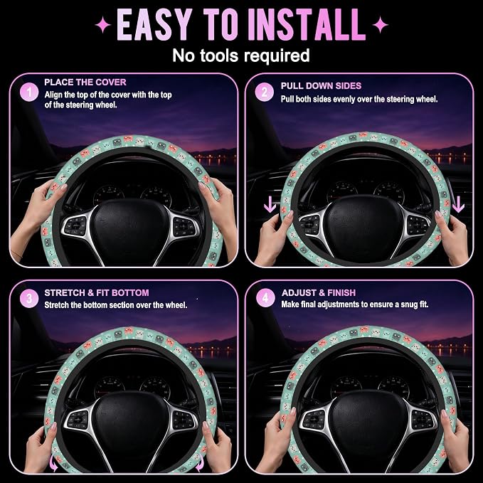 Cute Cat Face Steering Wheel Cover for Women Men Neoprene Breathable Wheel Cover Protector Anti-Slip Car Accessories Universal 15 Inch Fit for Cars Trucks Vehicles