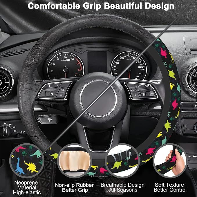 Dinosaur Steering Wheel Cover for Women Girly,Colorful Dino with Paws 15 Inch Non-Slip Breathable Neoprene Steering Wheel Cover Fit Auto,SUVs,Includes 2 PCS Cup Coasters