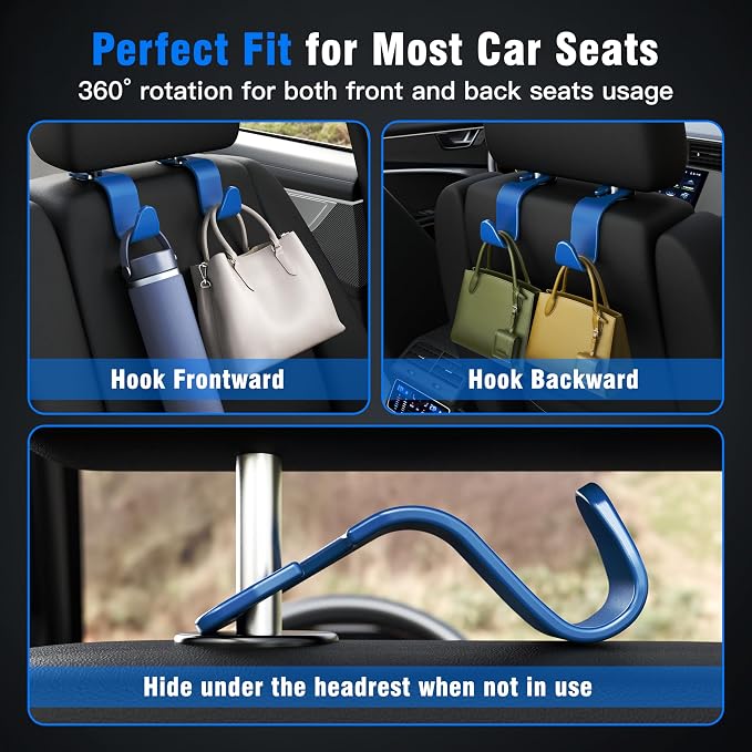 Car Seat Headrest Hook 4 Pack Hanger Universal Vehicle Car Storage Organizer for Handbag Purse Coat S Type Blue