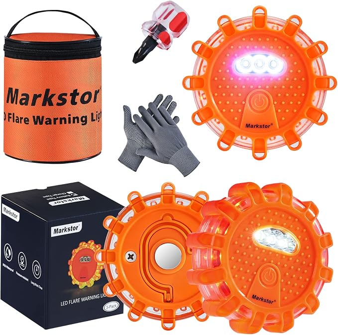 3 Pack LED Road Flare Warning Lights Battery Powered Emergency Road Safety Kit with Gloves
