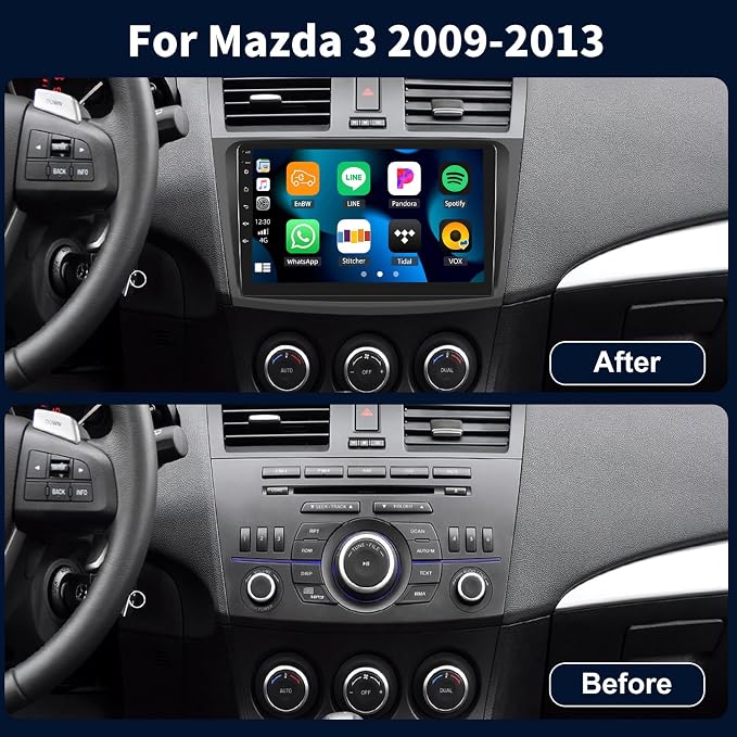 [4+64G] 8-Core Qualcomm Android 15 Car Radio Stereo for Mazda 3 2009-2013 | 9 Inch Car Radio with Wireless Carplay&Android Auto Mirror Link Bluetooth 5.1 FM/RDS DSP WiFi GPS SWC