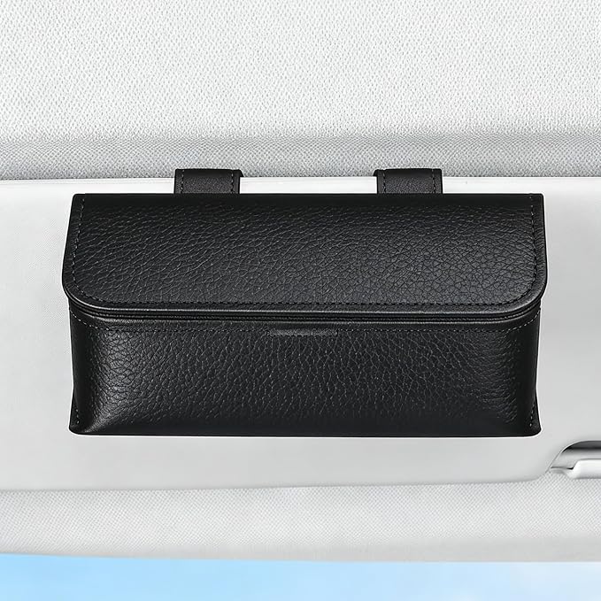 Universal Car Sunglasses Holder for Sun Visor, Premium Magnetic Leather Eyeglass Hanger Clip & Visor Organizer, Large Capacity Car Interior Accessories Fit for Women Men Beige