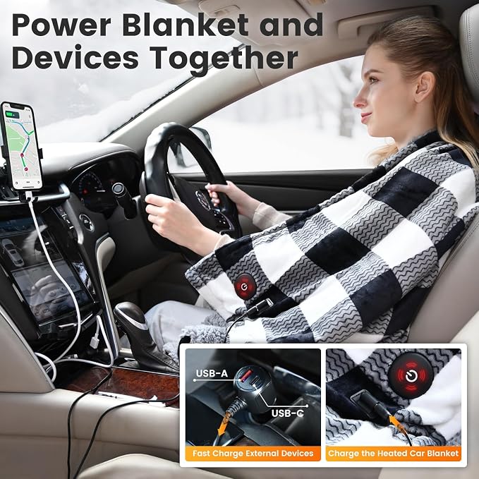 Car Heated Blanket, 12-Volt Portable Heated Car Blanket with 4 Heating Levels & 4 Hours Auto Off for Car, Truck, SUV, RV or Camping, Travel, Machine Washable, 59" X 43", Plaid