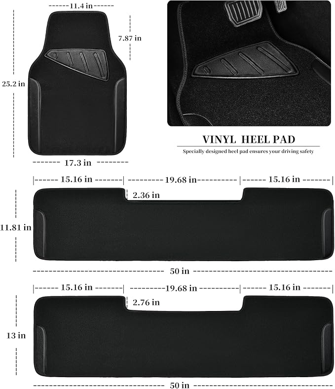 Waterproof Universal Faux Leather 3Row Car Floor Mats, Black Car Mats Fit for SUV,Vans,sedans, Trucks,Set of Vehicles Car Carpet with Driver Heel Pad and Anti-Slip Nibs Backing (Black 3Row)