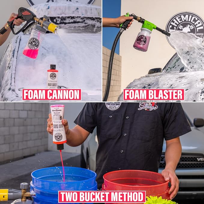 CWS_101_64BK Car Wash Detailing Bucket, Mitt & Accessories Bundle (6 Items) Featuring Maxi-Suds II Foaming Car Wash Soap 64 oz (.5 Gal) Cherry Scent - Works on Cars, Trucks, SUVs, & More