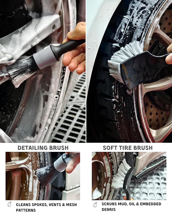 8PCS Pro Wheel Cleaning Kit - Synthetic Wool Brushes, Detailing Brush, Tire Brush, Wash Mitt, Drying Towel & Carry on Bag - Scratch-Free Rim Cleaning Kit