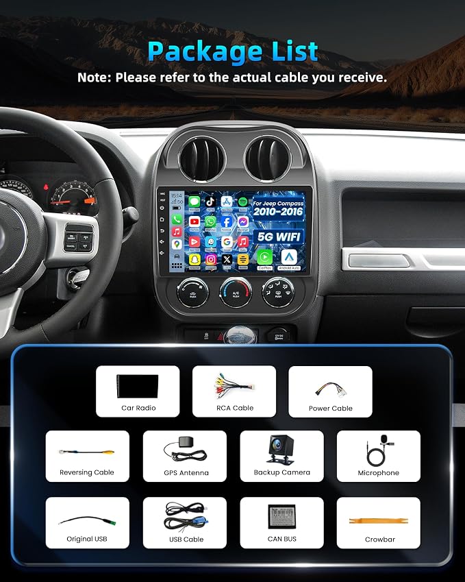 Car Radio Stereo for Jeep Compass Patriot 2010-2016 with Wireless CarPlay Android Auto, 10 inch Touchscreen Car Stereo with Bluetooth5.0,Android 13, 5G WiFi,FM,GPS,Backup Camera,SWC,Mirror Link