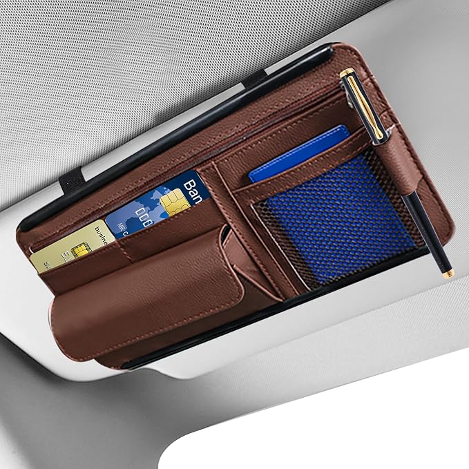Car Visor Organizer, Leather Multi-Pocket Auto Sun Visor Storage Pouch with Sunglasses Holder, Card Holder, Zipper Pocket, Net Pocket, Pen Slot, Universal Interior Car Accessories (Brown)
