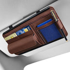Car Visor Organizer, Leather Multi-Pocket Auto Sun Visor Storage Pouch with Sunglasses Holder, Card Holder, Zipper Pocket, Net Pocket, Pen Slot, Universal Interior Car Accessories (Brown)