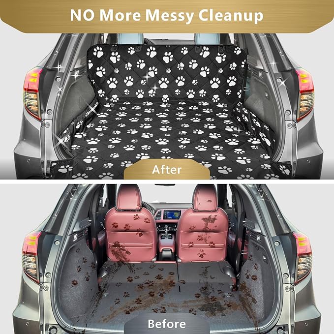 SUV Cargo Liner for Dogs, Water Resistant Pet Cargo Cover Dog Seat Cover Mat for SUVs Sedans Vans with Bumper Flap Protector, Non-Slip, Large Size Universal Fit, Paw Print