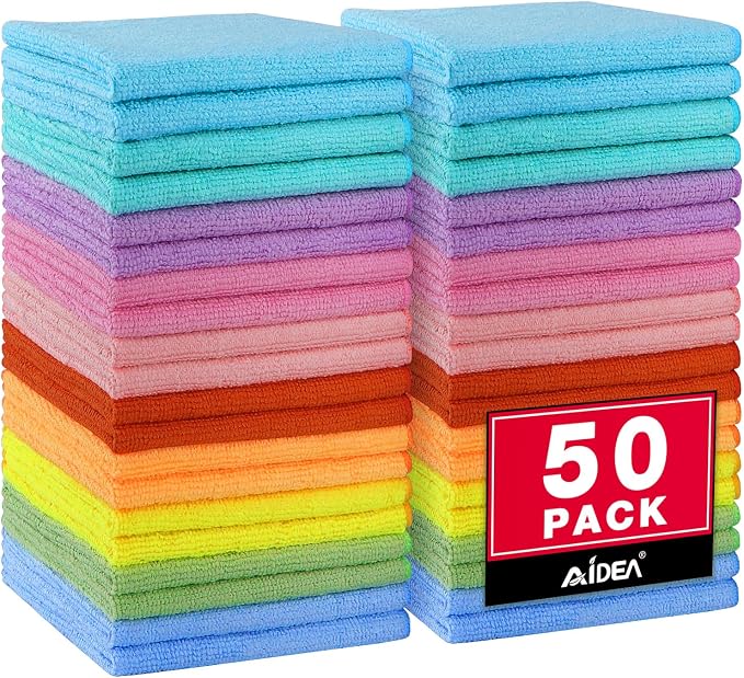 AIDEA Microfiber Cleaning Cloth, 50PK, Cleaning Rags, 11.5"×11.5" | Lint Free Cloth, Microfiber Towels for Cars, Kitchen Cloth, Dusting Cloth for Home, Window, Cleaning Supplies