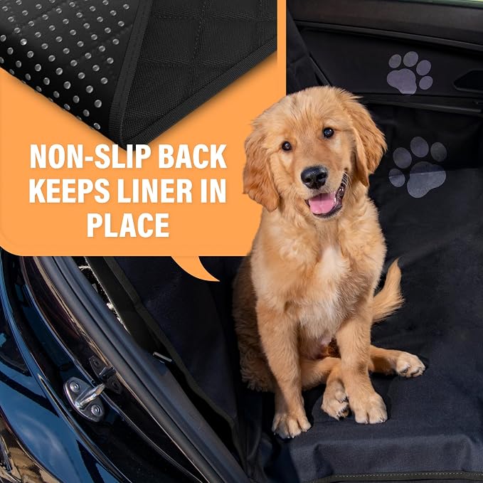 Waterproof Hammock Standard Car Seat Cover, Fits Sedans Hatchbacks Crossovers Coupes Compact Vehicles, Secure Convertible Travel Bed Protects Backseat Cargo from Dogs, Black w/Orange Trim