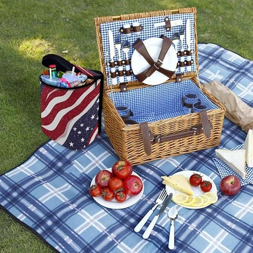 American Flag Star Print Car Trash Can with Lid, 4th of July Leak Proof Auto Trash Bag Hanging Vehicle Garbage Can Multipurpose Storage Container for Back Seat Road Trip