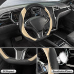 D Shaped Steering Wheel Cover, Flat Bottom Car Wheel Cover 14 1/2-15 in. (37-39 cm), Black and Beige Microfiber Leather