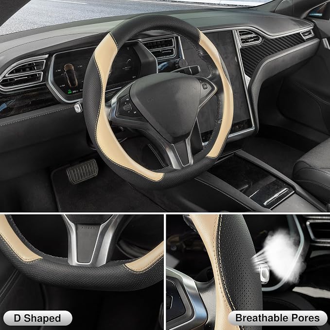 D Shaped Steering Wheel Cover, Flat Bottom Car Wheel Cover 14 1/2-15 in. (37-39 cm), Black and Beige Microfiber Leather